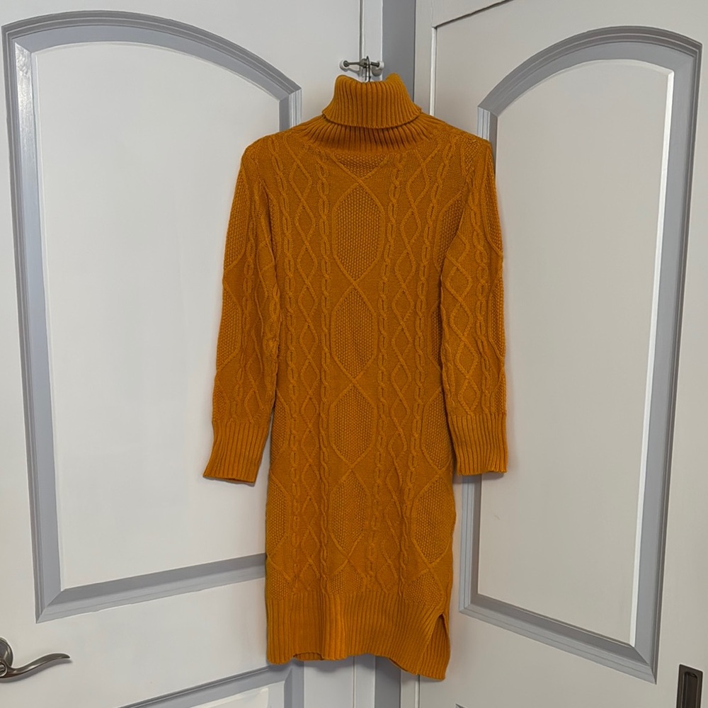 Cozy Mustard Cable Knit Turtleneck Dress